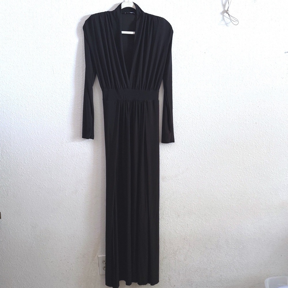 Fashion Nova S Spree Dress Black Long Sleeve V Neck High 2 Slit Maxi Witchy Vamp